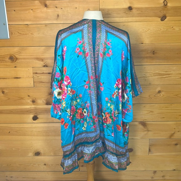 NWT Umgee boho turquoise silky floral kimono swim cover wrap poncho ruana XL 1X - Picture 9 of 16